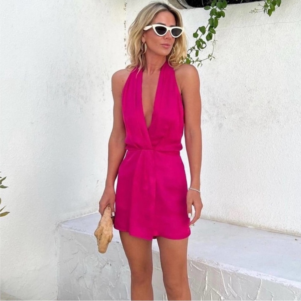 Zara Hot Pink Satin Effect Short Romper with an open back